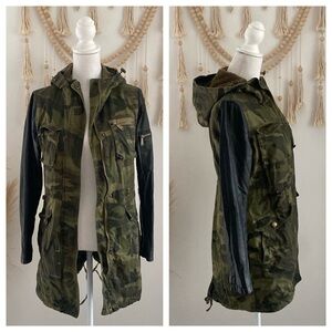 BCBGeneration green black camo vegan leather jacket Sherpa hooded coat small